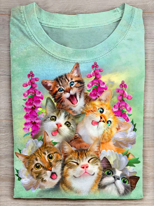 Funny Cute Cat Selfie Art Print Casual Short Sleeve T-shirt