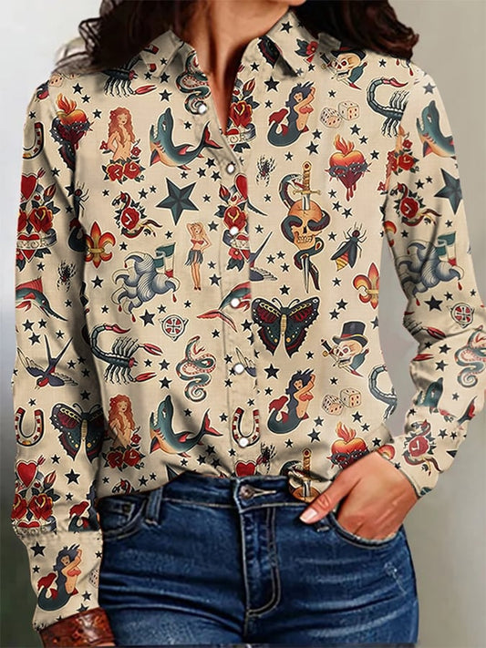 Women's Vintage Western Art Print Casual Linen Blouse