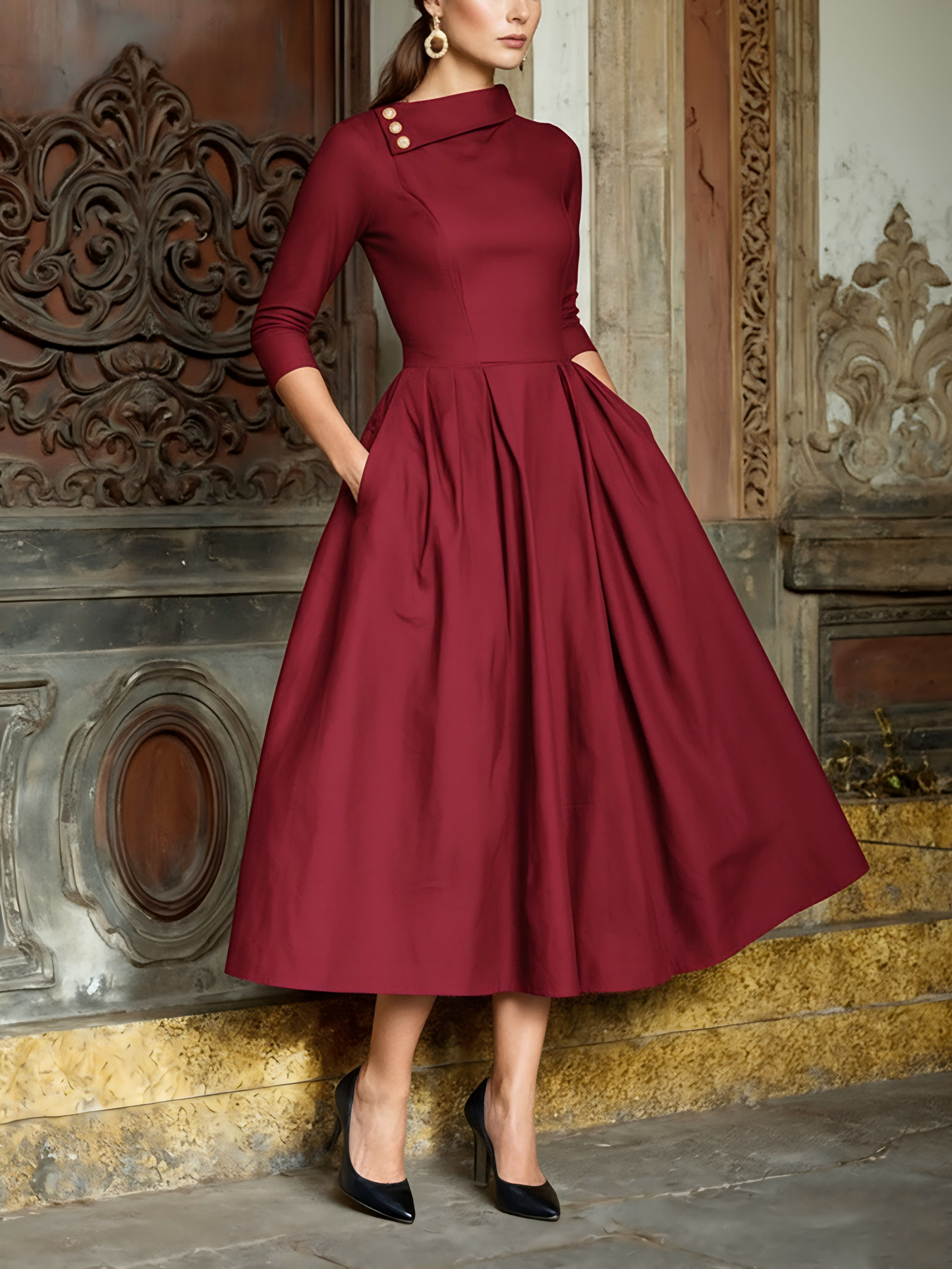 Midi Cotton Dress, Half Sleeve, Shawl Collar, Plain, Pocket Design, Vintage, Black