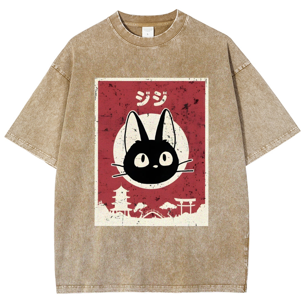 Unisex Cat Printed Washed Tee