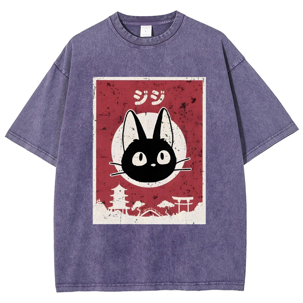 Unisex Cat Printed Washed Tee