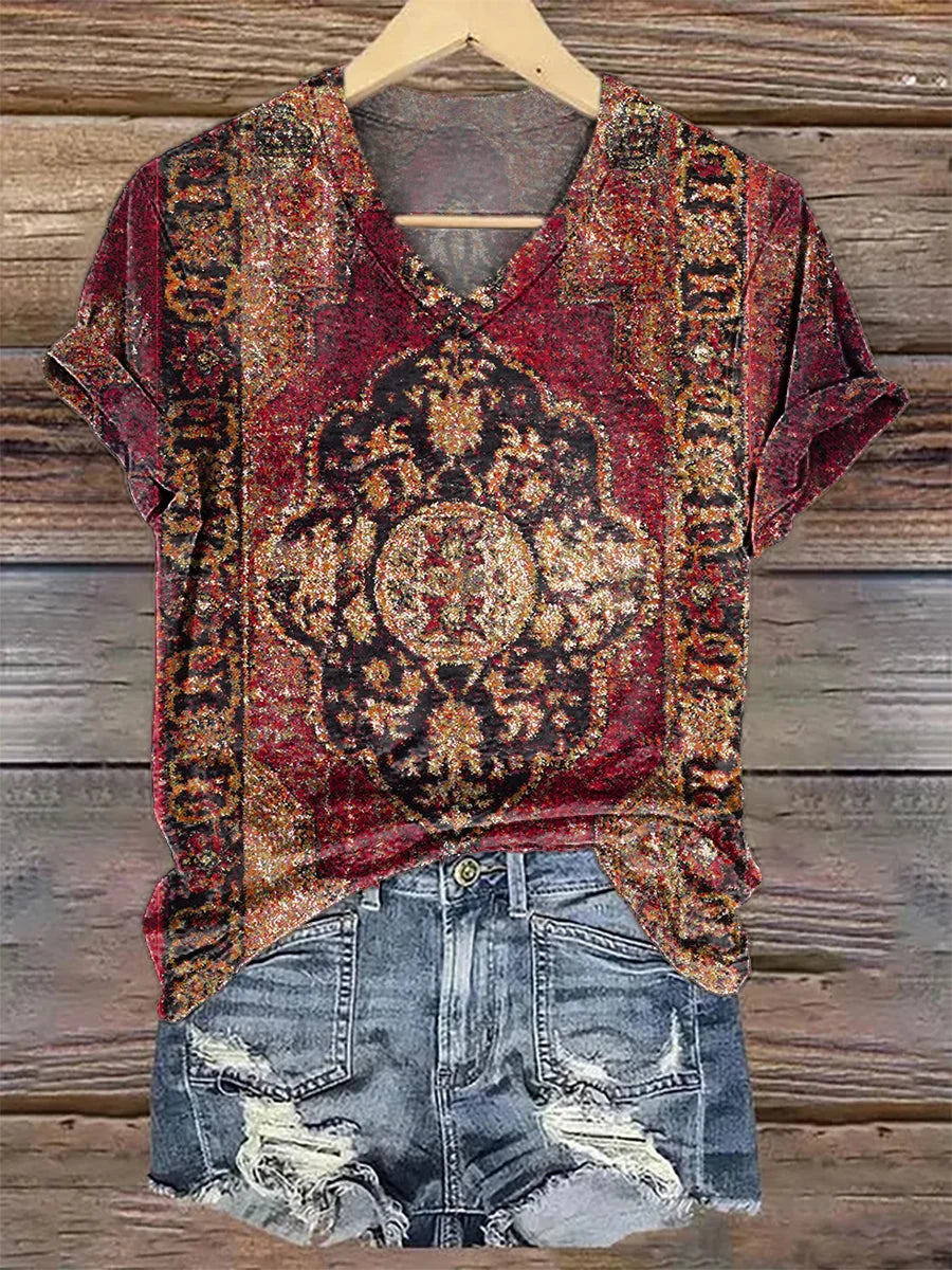 Vintage Ethnic Tattoo Pattern Art Print Casual Print Cotton Crew Tee