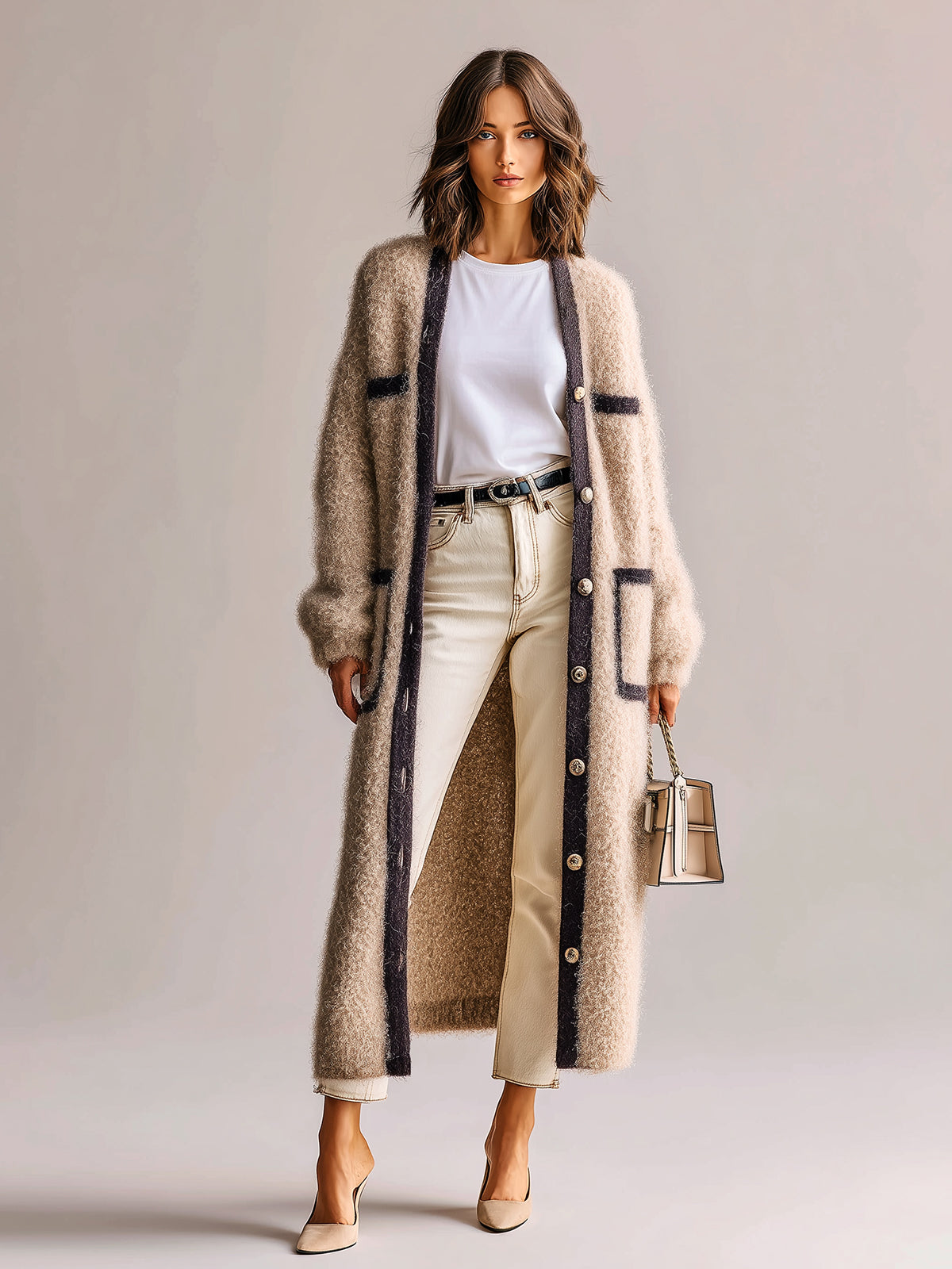 Taidalw Chic Vintage Light Khaki Single-Breasted Long Sleeve Patch Pocket Contrast Trim Fuzzy Knit Long Cardigan