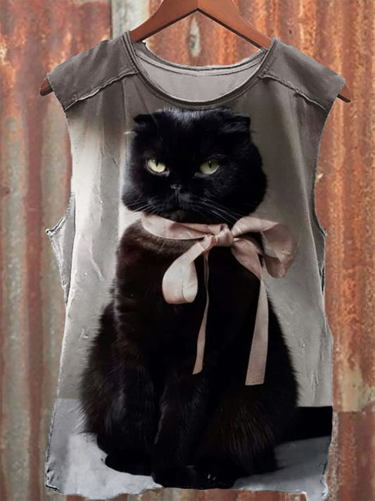 Cat Print 100% Cotton Casual Tank Top