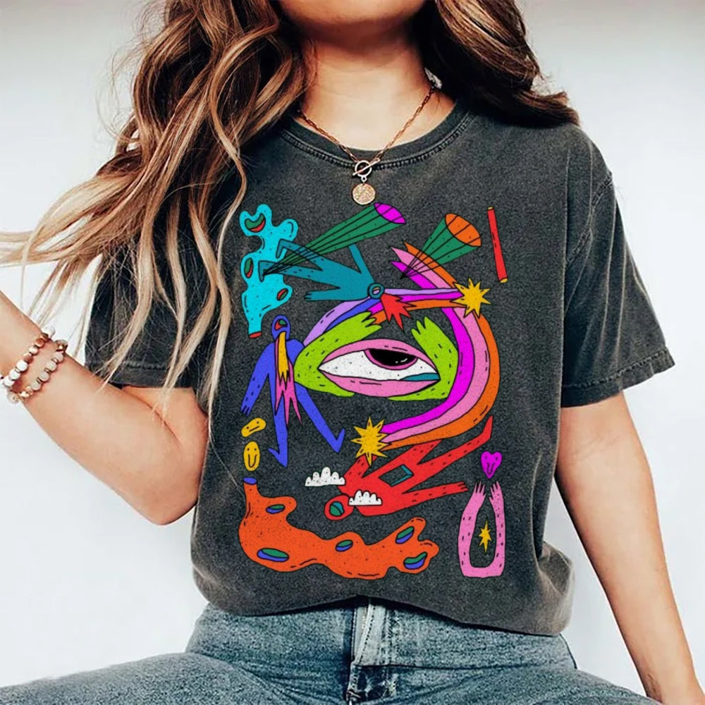 Unisex Abstract Art Eyes Printed Washed Tee
