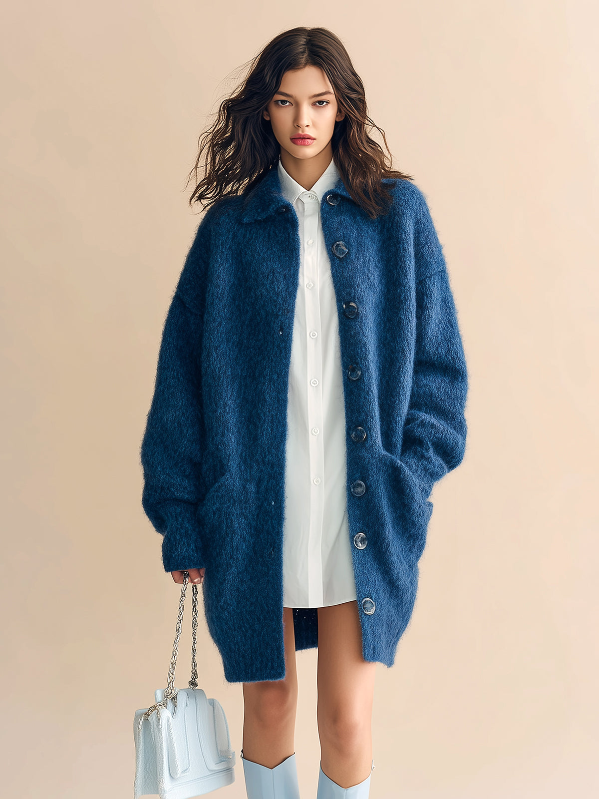 Taidalw Chic Vintage Dark Blue Lapel Single-Breasted Long Sleeve Oversized Knit Mid-Length Cardigan