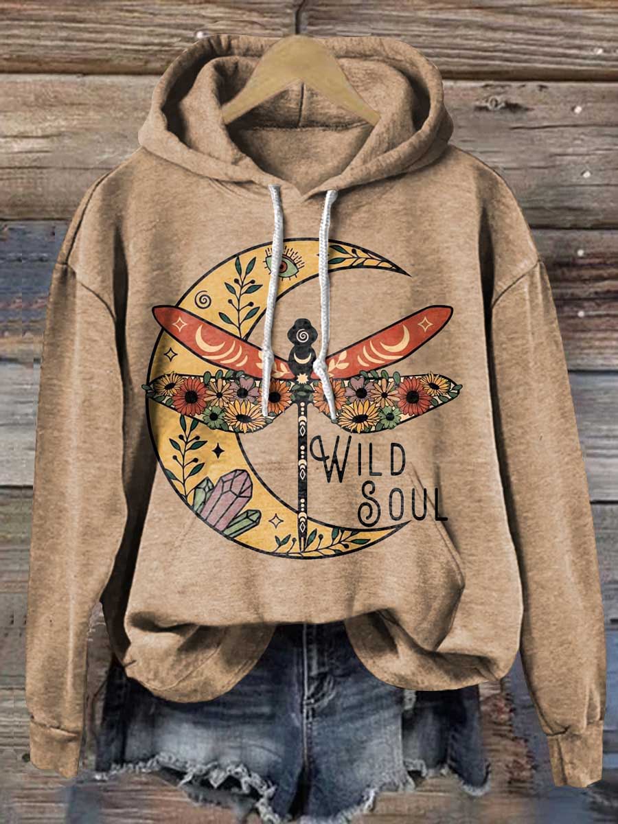 Vintage Hippie Wild Soul Dragonfly Love And Peace Flowers Art Casual Hoodie Sweatshirt