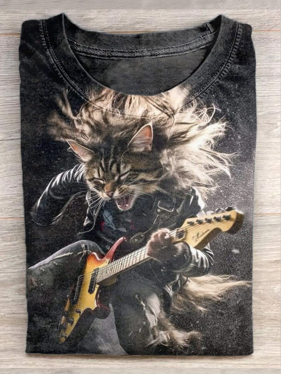 Unisex Funny Cat Rock Music Print Casual Short Sleeve T-Shirt