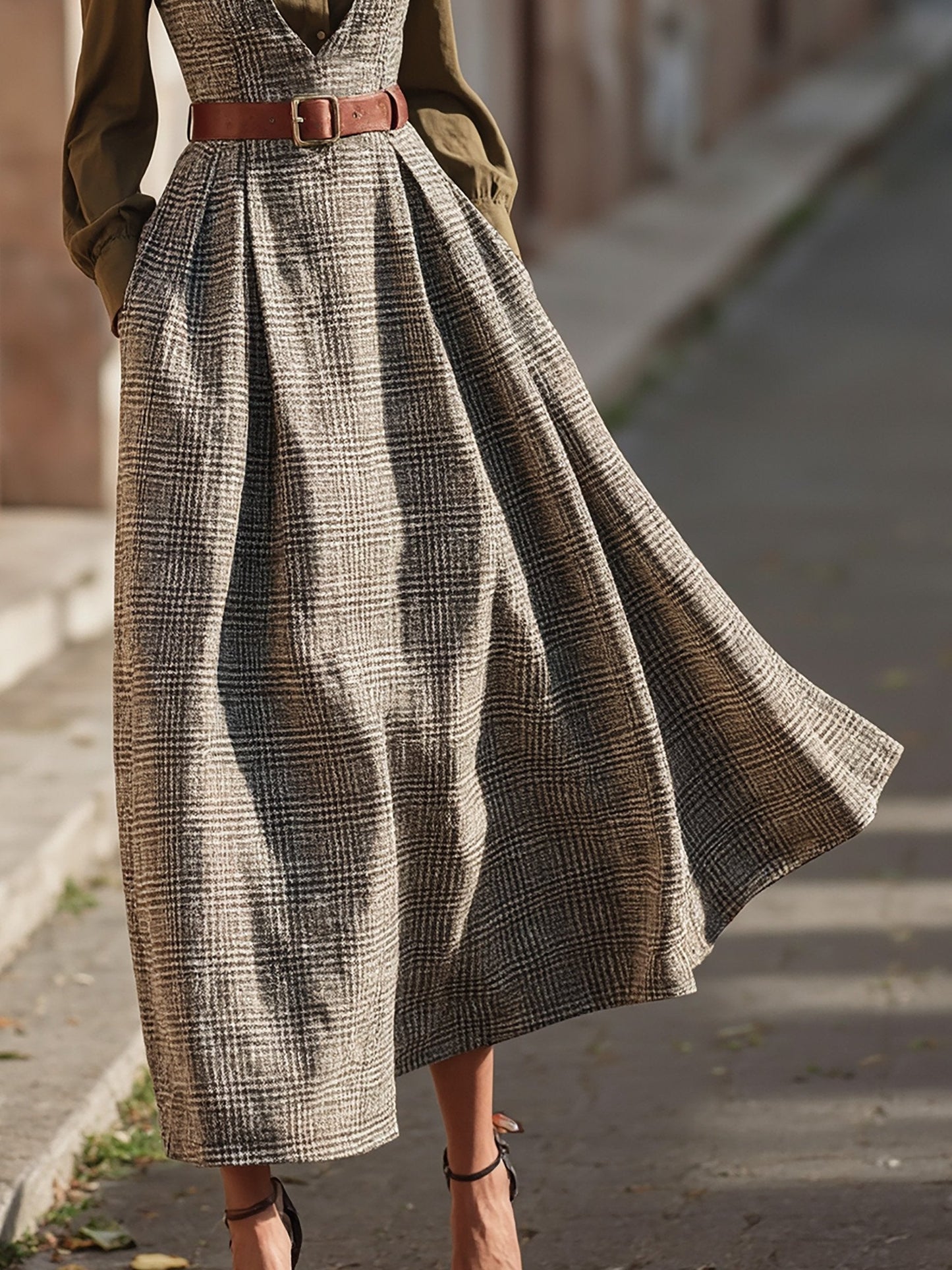 Maxi Wool Vest Dress (Shirt not included), Sleeveless, V Neck, Plaid, Belt Design, Vintage, Gray-brown