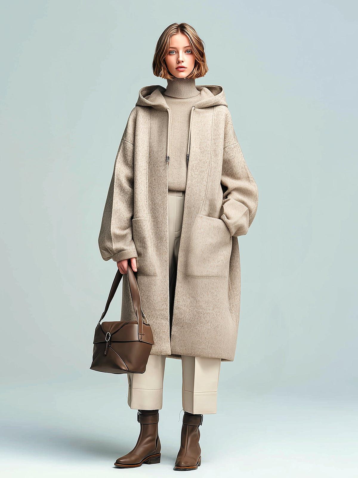 Taidalw Chic Vintage Khaki Wool Blend Hooded Patch Pocket Slouchy Mid-Length Coat