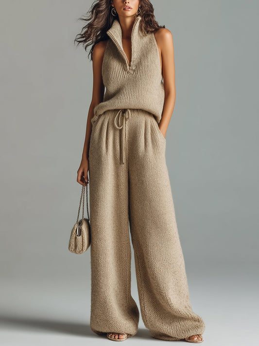 Taidalw Chic Elegant Camel Stand Collar V-Neck Sleeveless Sweater  Wide-Leg Pants Ribbed Knit Two-Piece Set