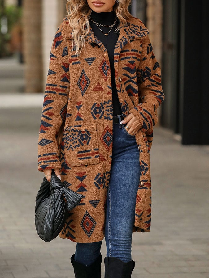 Women's Single Breasted Ethnic Style Printed Plush Long Coat