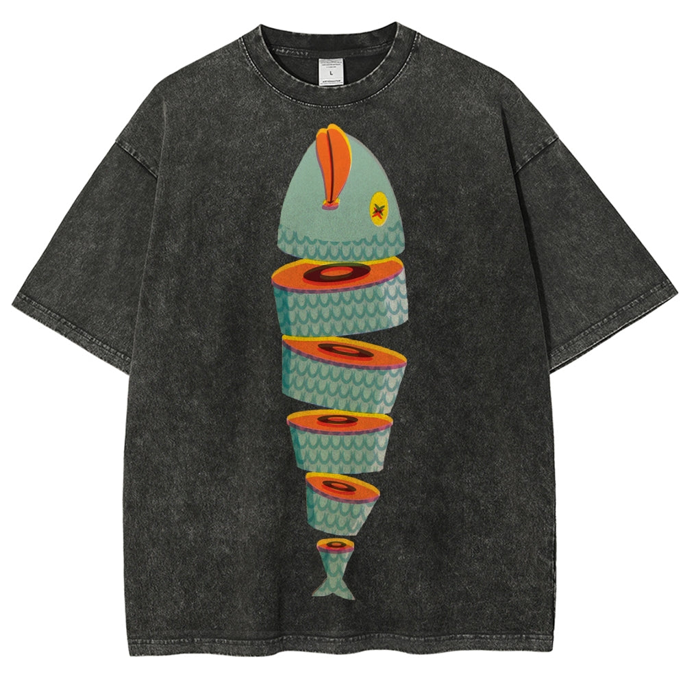 Unisex Fish Printed Washed Tee