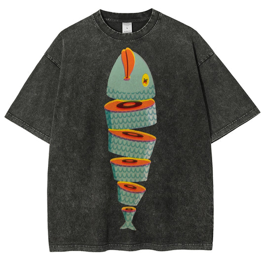 Unisex Fish Printed Washed Tee