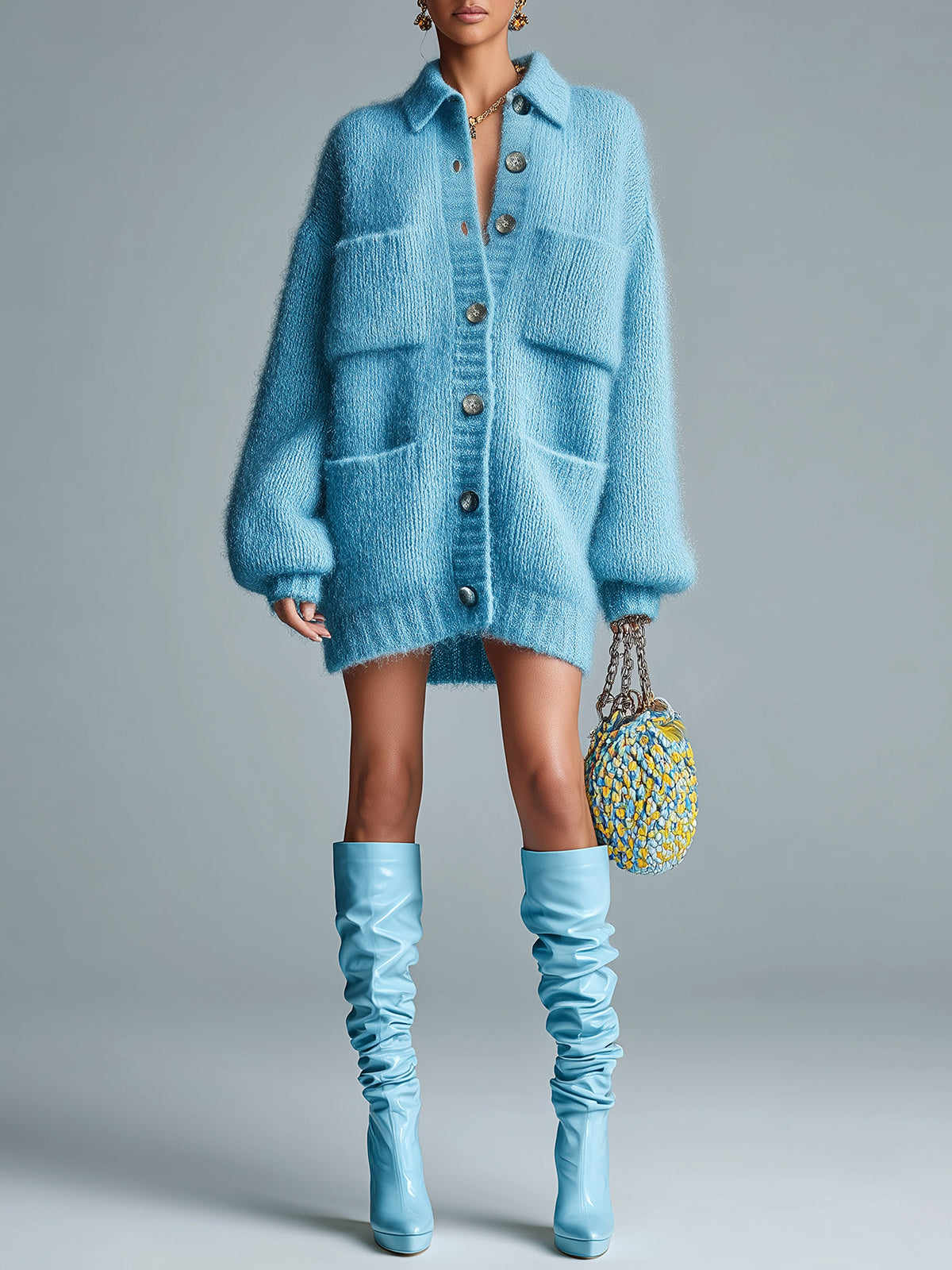 Taidalw Chic Casual Blue Lapel Single-Breasted Multi-Pocket Fuzzy Slouchy Knit Cardigan