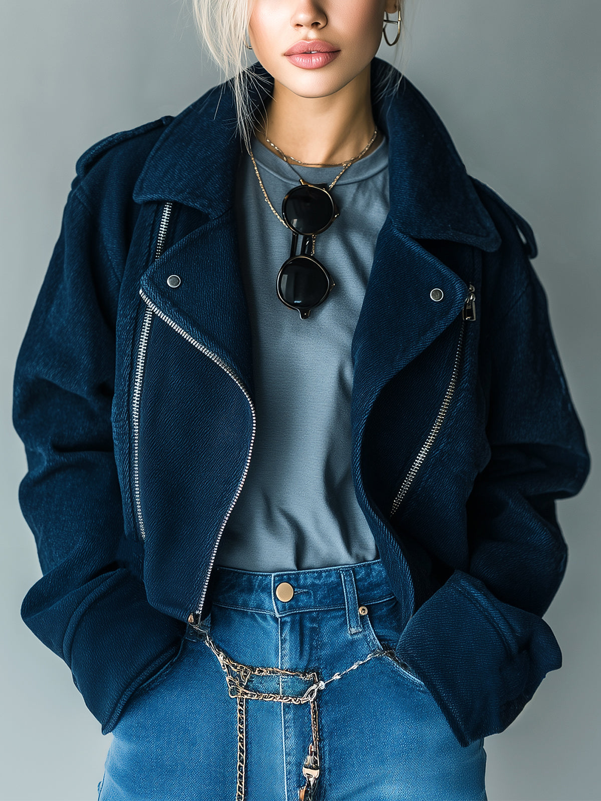Taidalw Casual Cool Navy Blue Washed Twill Cotton Blend Lapel Zip-Front Cropped Biker Jacket