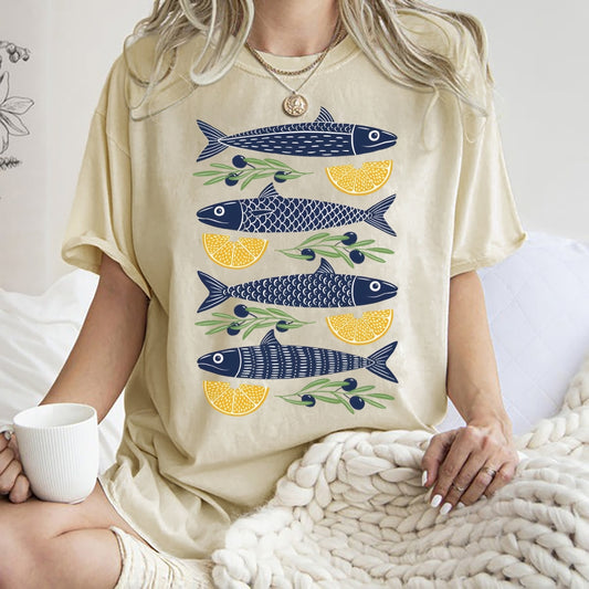 Unisex Lemon Fish Printed Washed Tee
