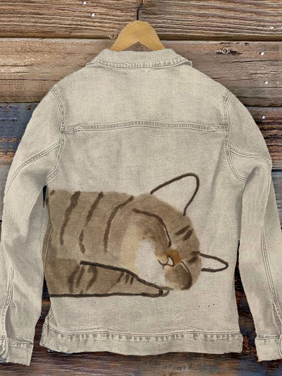 Lovely Sleepy Cat Art Print Casual Denim Jacket