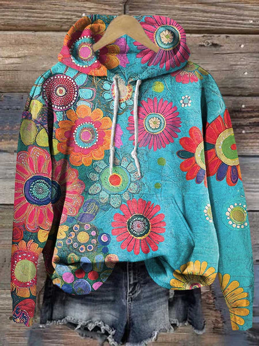 Retro Floral Pattern Casual Hoodie Sweatshirt