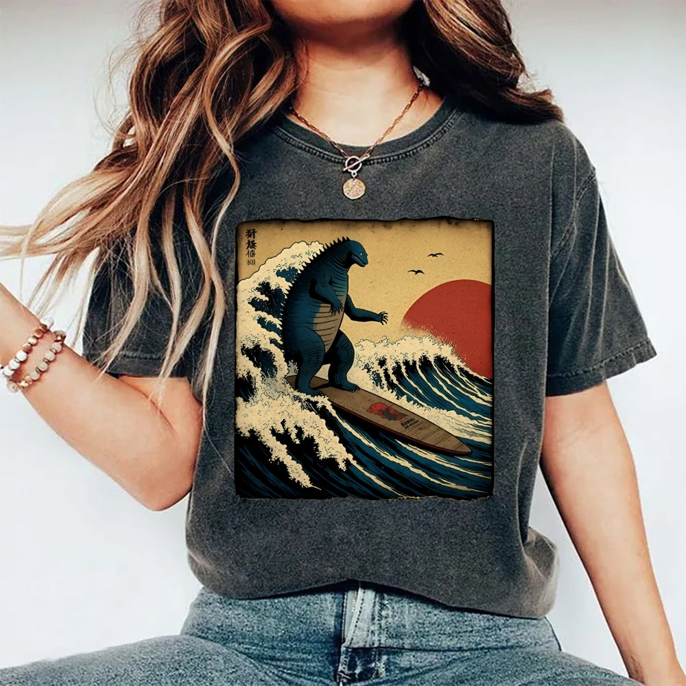 Unisex Vintage Japanese illustration Printed Washed Tee