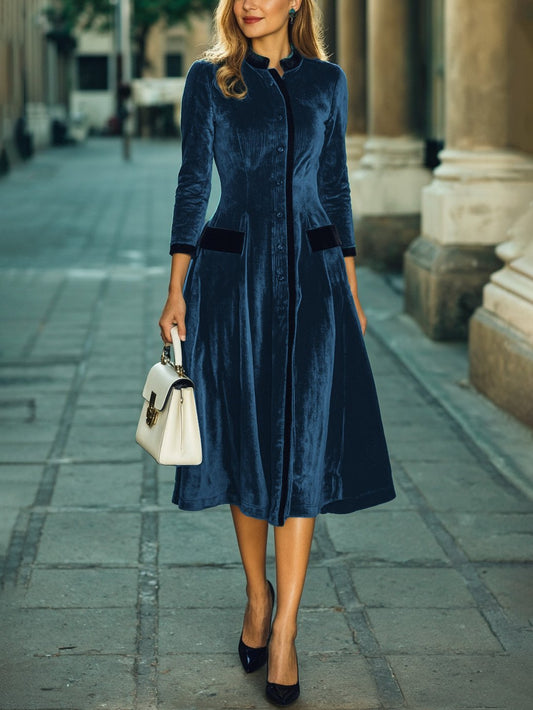 Midi Cotton Dress, Half Sleeve, Stand Collar, Plain, Button Design, Vintage, Deep Blue