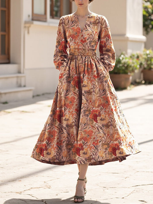 Midi Linen Dress, Long Sleeves, V Neck, Floral, Pocket Design, Vacation, Vintage, Yellow Brown