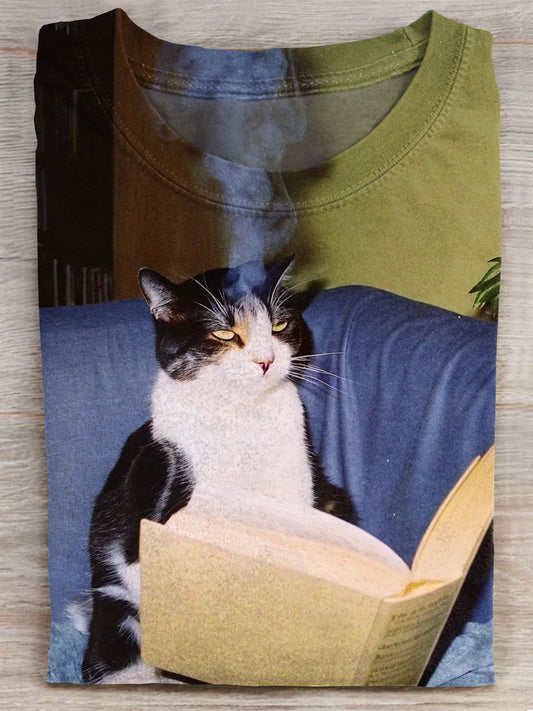 Cat Reading Book Funny Art Print Casaul T-shirt