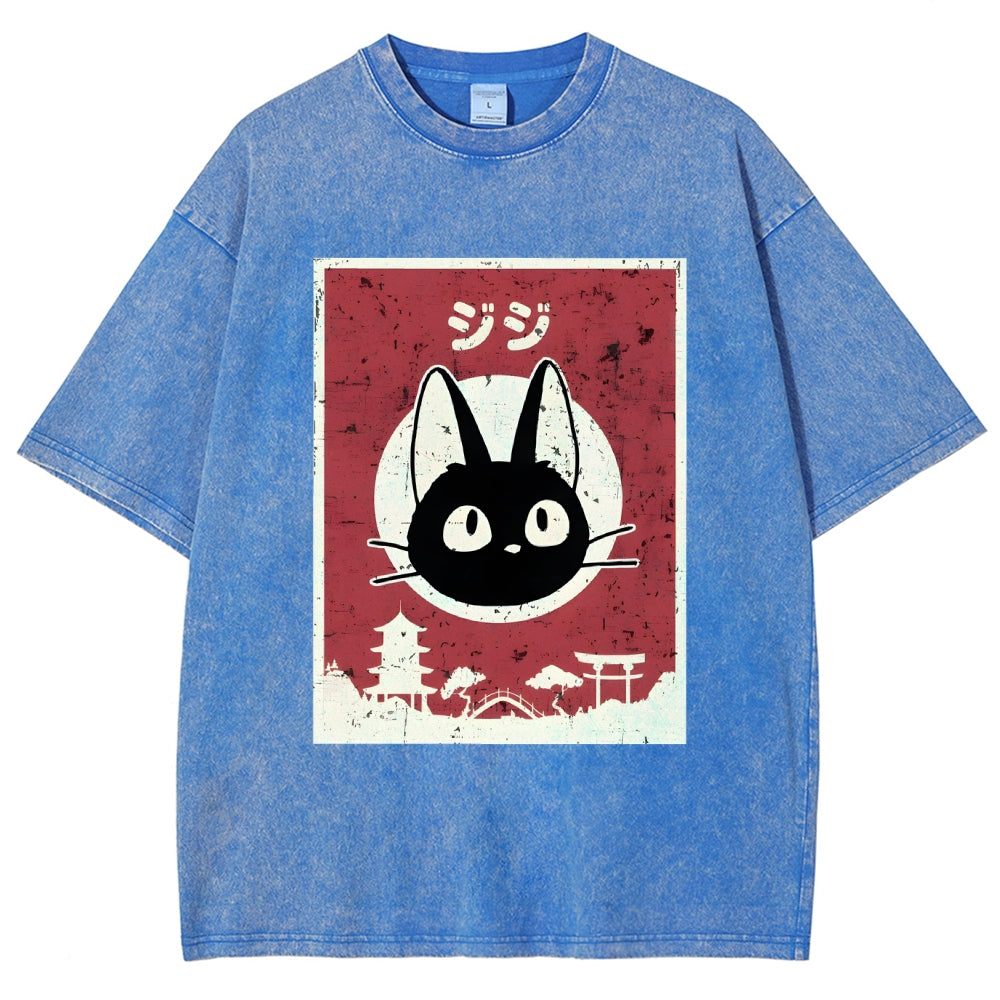 Unisex Cat Printed Washed Tee