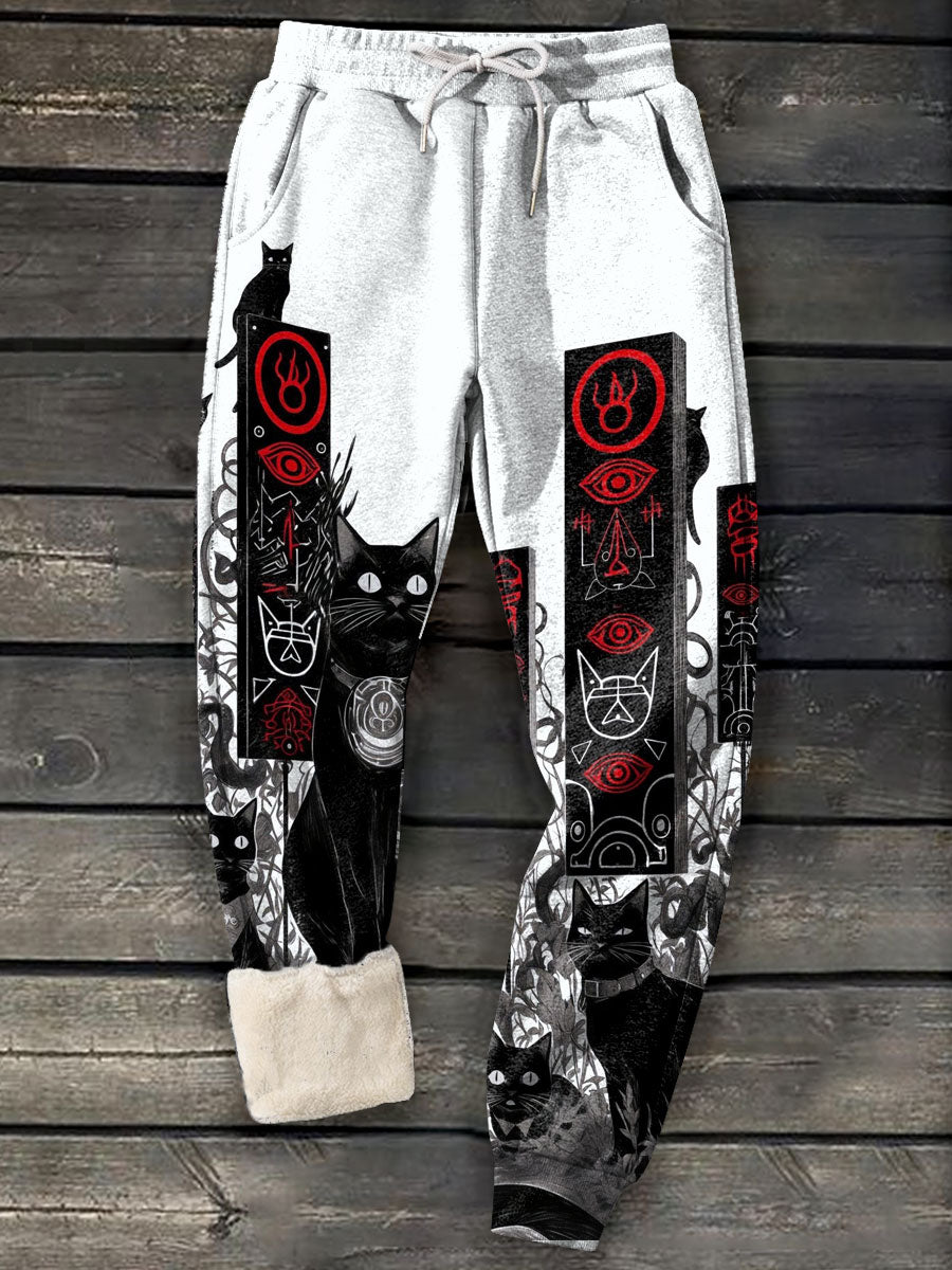 Men's Cat Art Print Casual Winter Fleece Comfy Pants