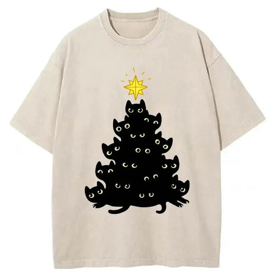 Black Cat Christmas Tree Washed T-Shirt