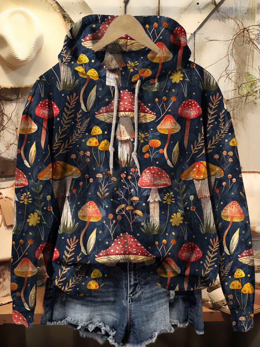 Women's Vintage Mushroom Art Print Casual Hooded Sweatshirt