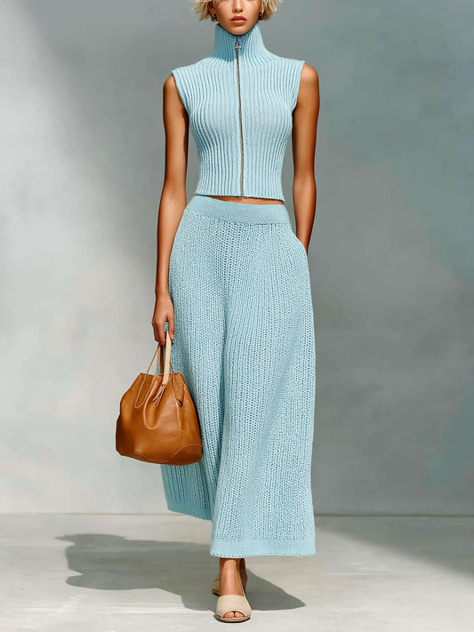 Taidalw Chic Elegant Light Blue Mock Neck Zipper-Front Sleeveless Slim-Fit Top And A-Line Maxi Skirt Ribbed Knit Two-Piece Set