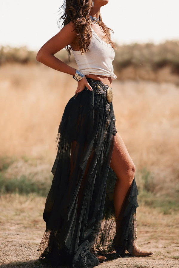 Western rock black tulle maxi dress