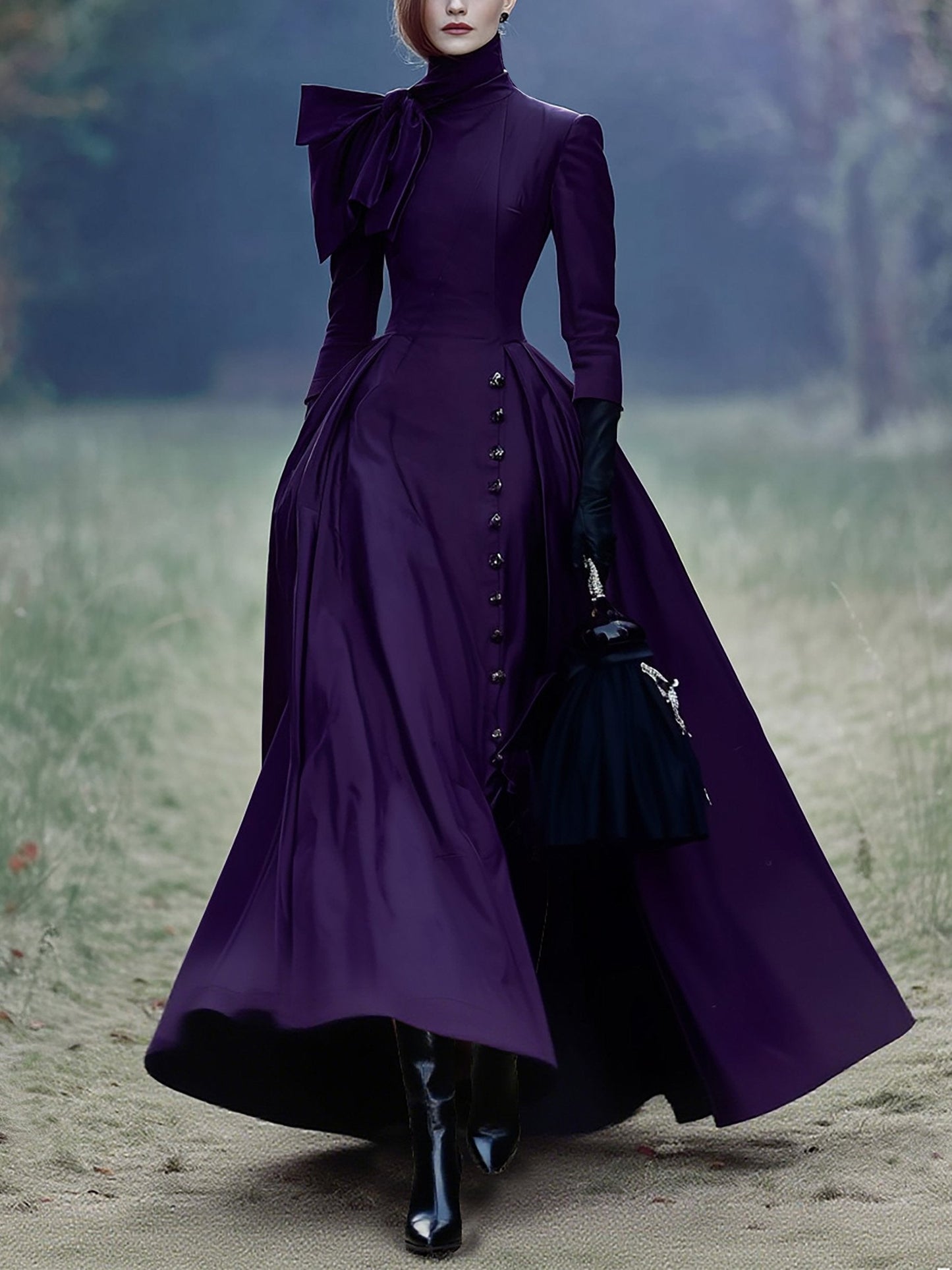 Maxi Cotton Dress, Half Sleeve, Turtleneck, Plain, Button Design, Vintage, Deep Purple, Halloween