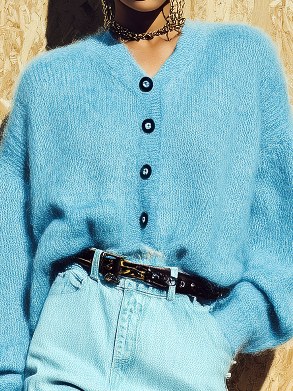 Taidalw Casual Chic V-neck Single-breasted Oversized Long-sleeved Mohair Knit Cardigan