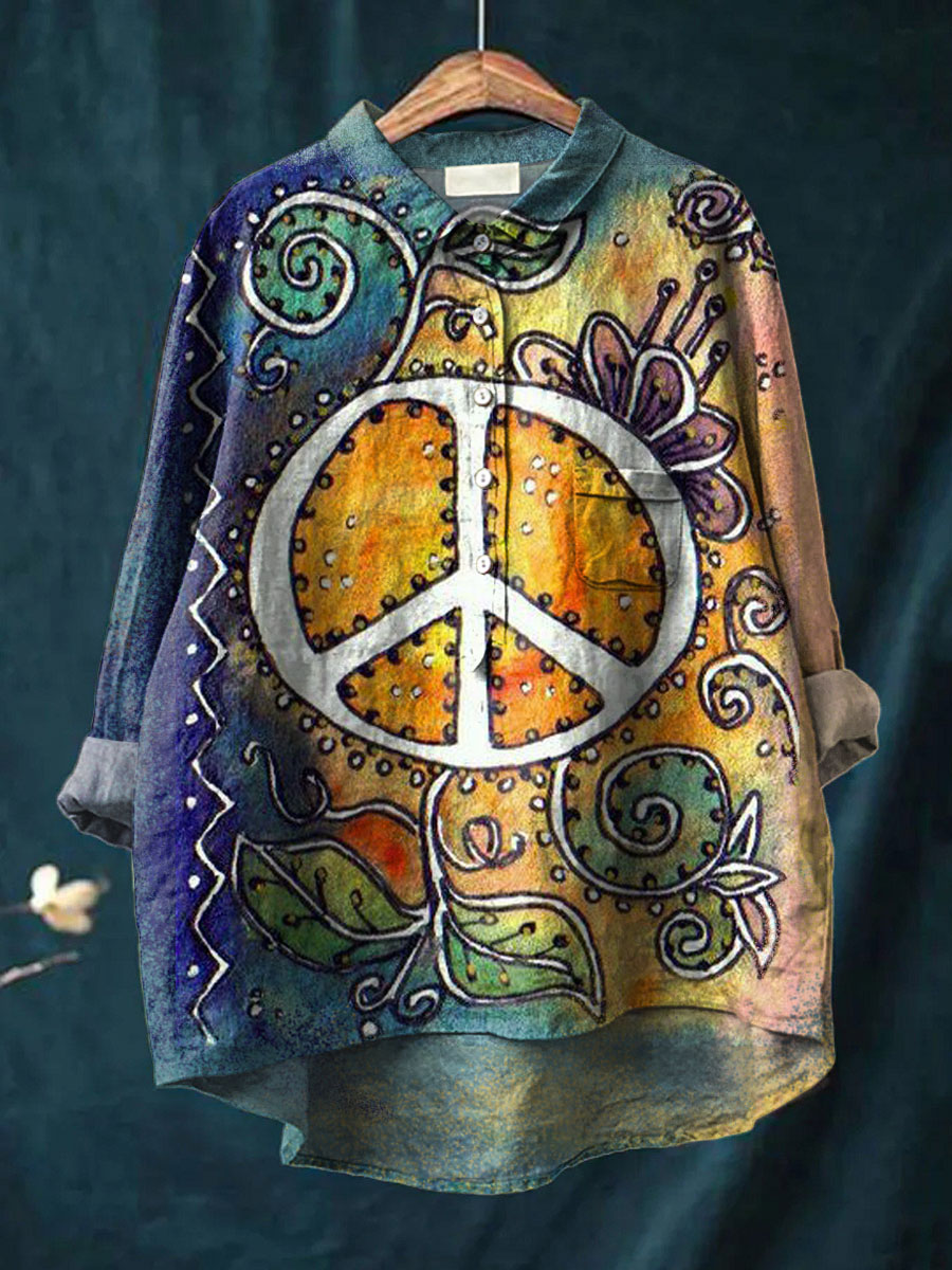 Women's Retro Colorful Anti-war Peace Sign Print Casual Cotton And Linen Shirt