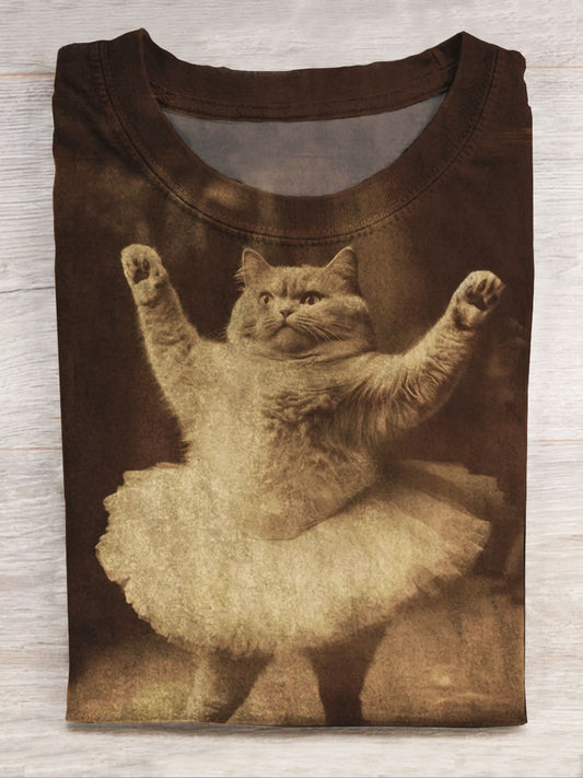 Funny Cat Print Casual Short Sleeve Top