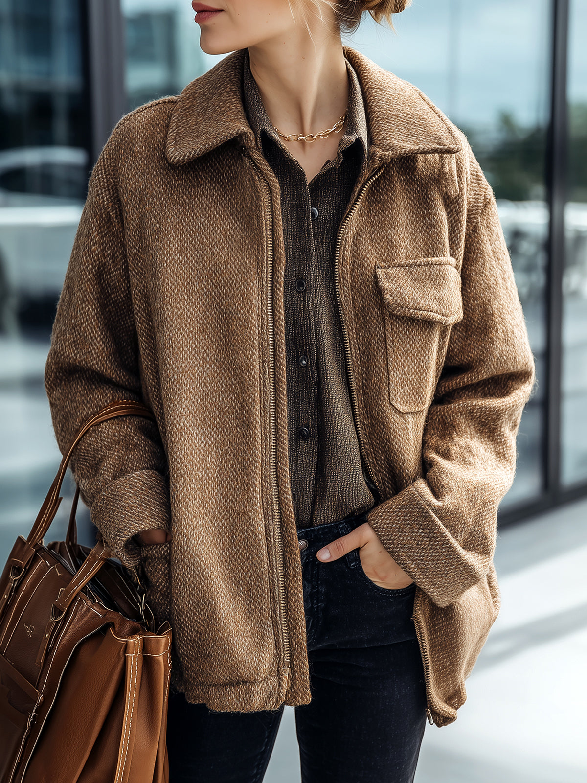 Taidalw Casual Chic Brown Wool Blend Tweed Lapel Zip-Front Flap Pocket Jacket