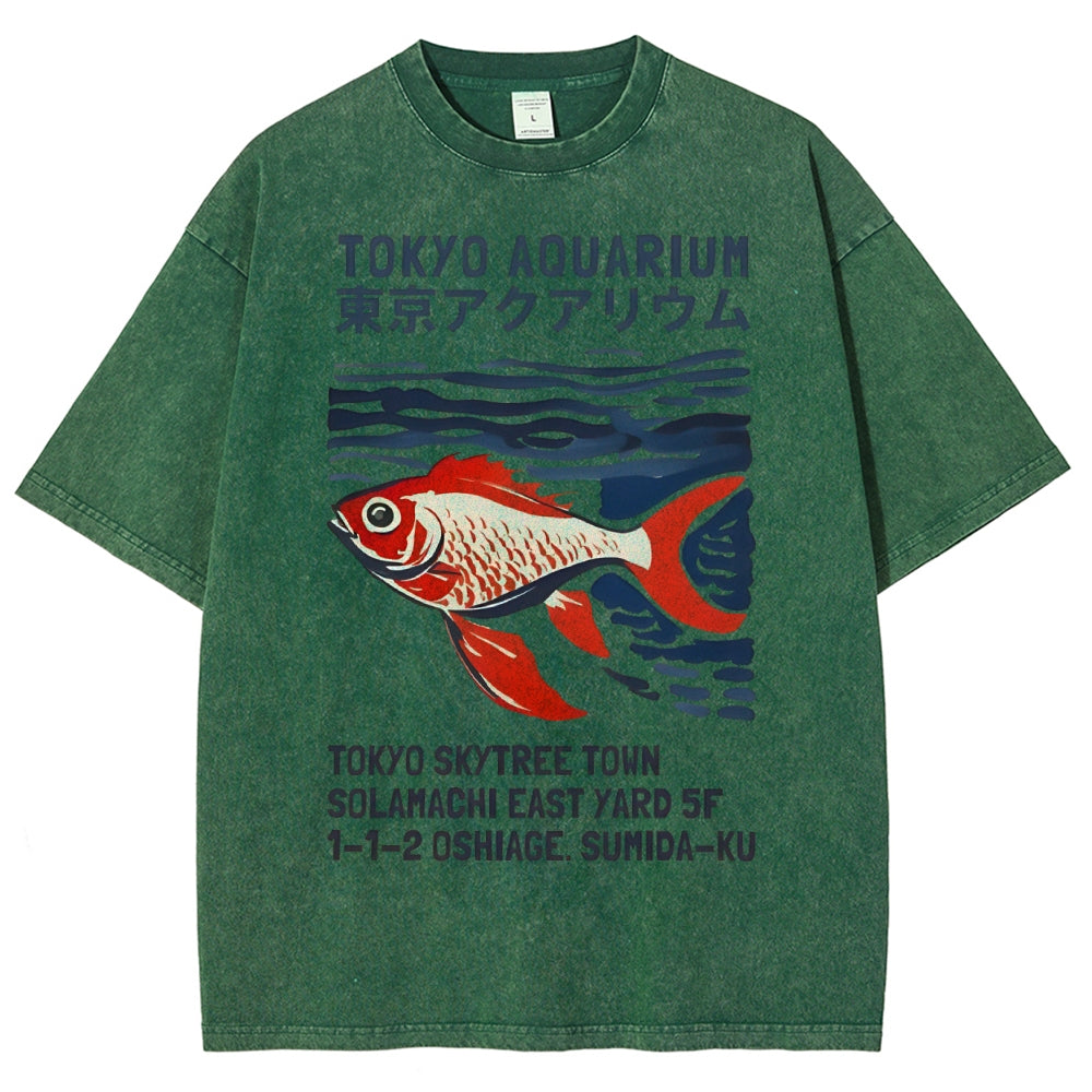Unisex Japanese Style Fish Printed Washed Tee
