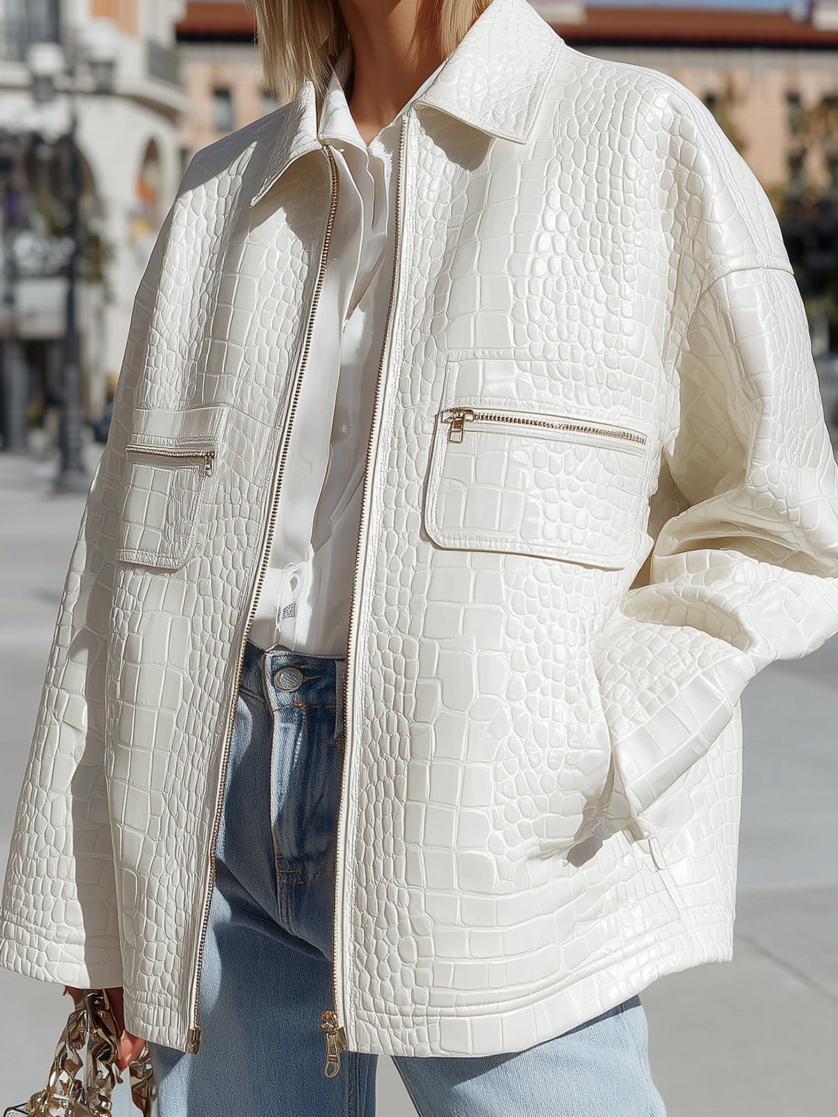 Taidalw Casual Chic White Crocodile Faux Leather Lapel Zip-front Oversized Jacket