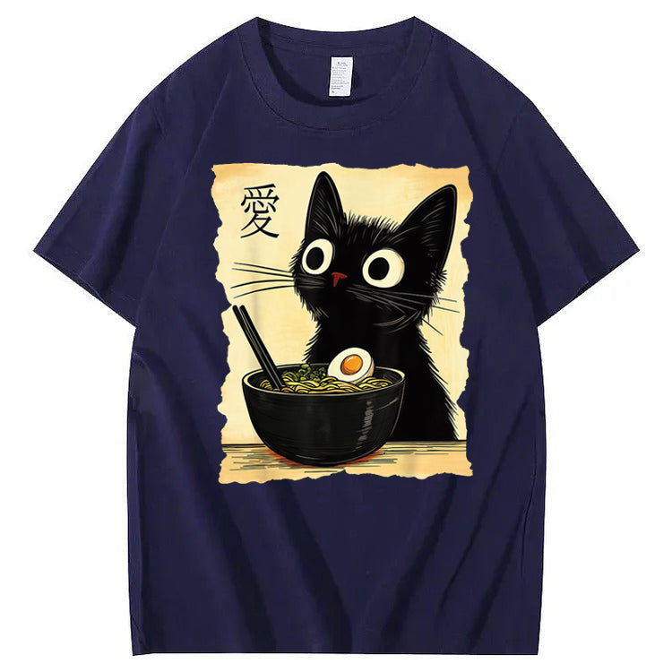 Funny Cat Ramen Graphic Tee Japanese Kawaii Anime Cat 100% Cotton T-Shirt