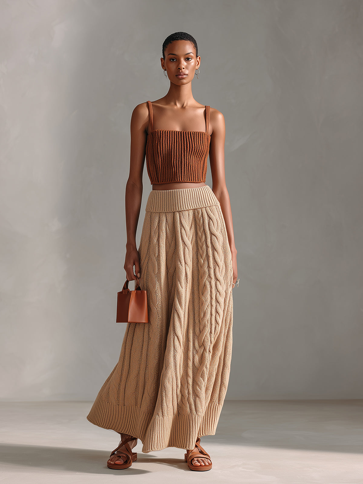 Taidalw Chic Elegant Caramel Square-Neck Slim-Fit Ribbed Tank Top Camel A-Line Cable Knit Maxi Skirt Two-Piece Set