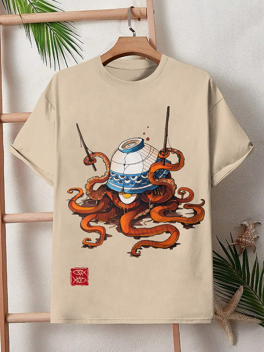 Fun Octopus Ramen Graphic Print Cotton Casual T-Shirt