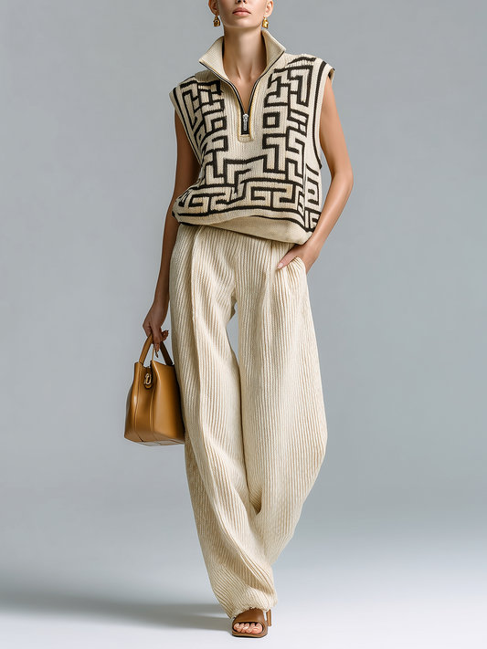Taidalw Chic Casual Beige Geometric Jacquard Stand-Collar Zipper-Front Sleeveless Loose Vest Wide-Leg Pants Ribbed Knit Two-Piece Set