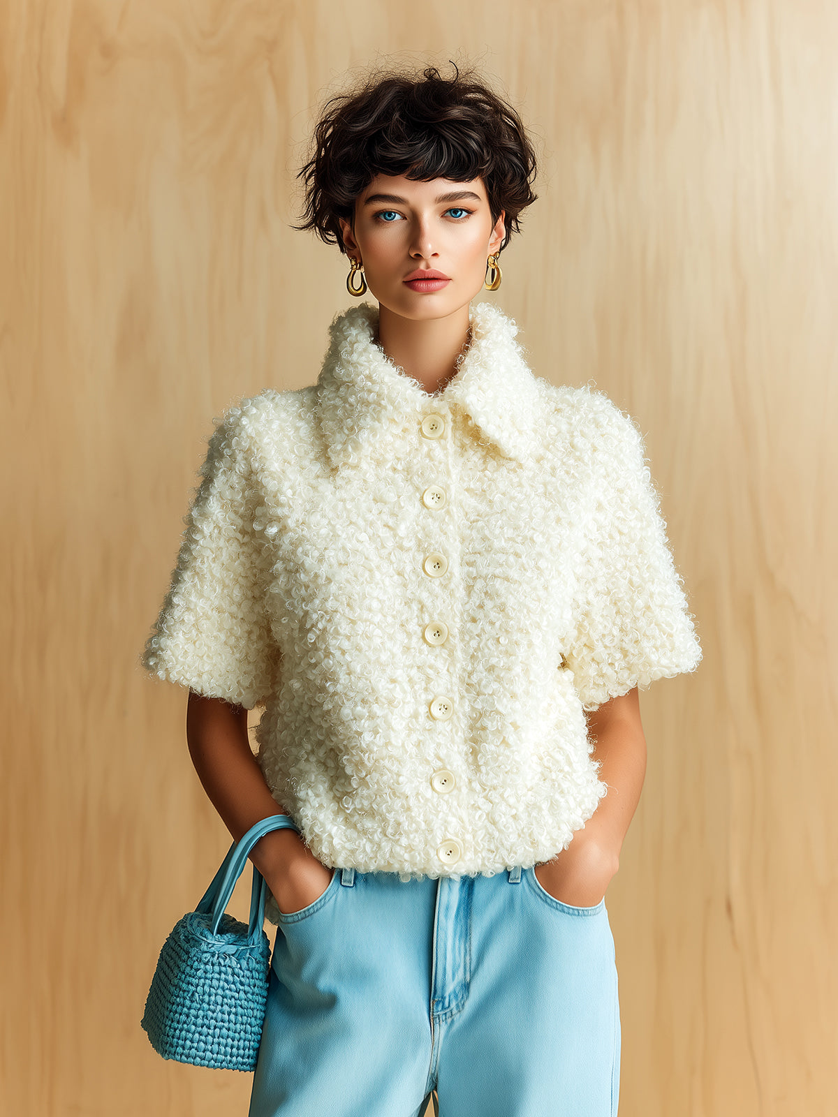 Taidalw Chic Vintage Cream White Lapel Single-Breasted Short-Sleeve Loose Fuzzy Knit Cardigan