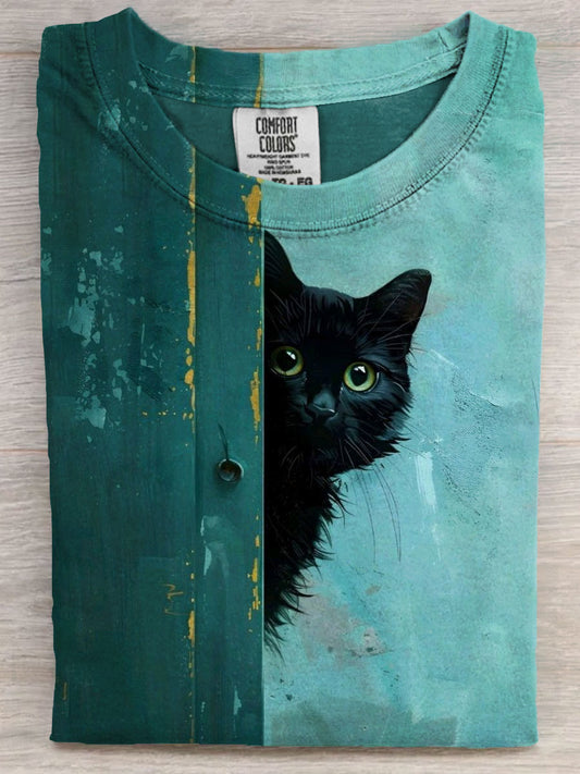 Cute Black Cat Art Print Casaul Short Sleeve T-shirt