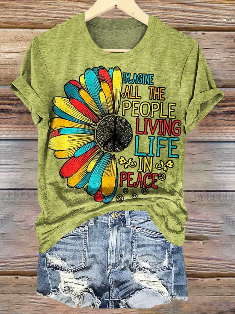 Retro Hippie Imagine All The People Living Life In Peace Print Crew Neck T-shirt