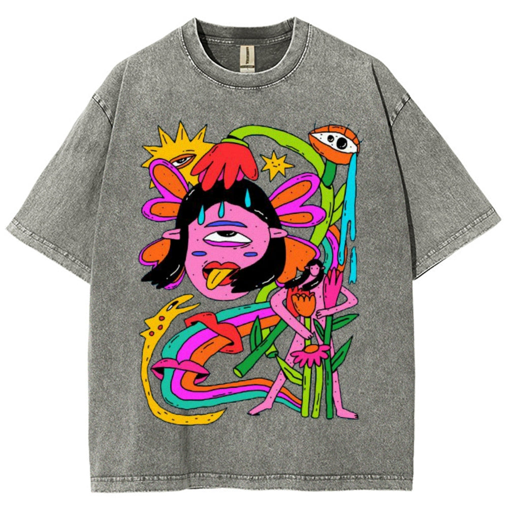 Unisex Abstract Art Human Face Eyes Printed Washed Tee