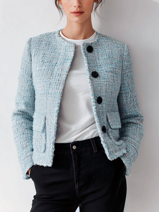 Taidalw Chic Vintage Blue Tweed Round Neck Single-Breasted Flap Pocket Fitted Short Jacket
