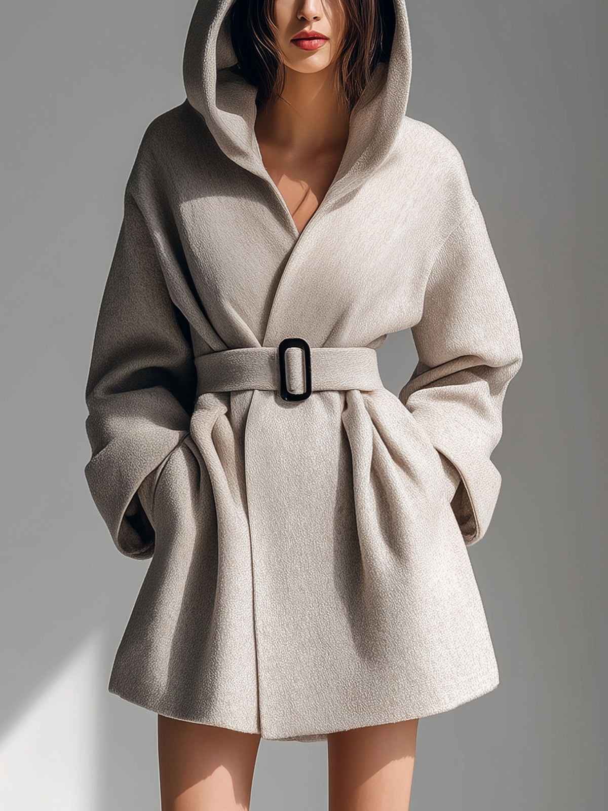 Taidalw Chic Vintage Beige Gray Wool Blend Hooded Belted Slouchy Short Coat